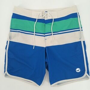 Hollister Mens Blue Green Striped Board Shorts Swim Trunks Size 30 Colorblock